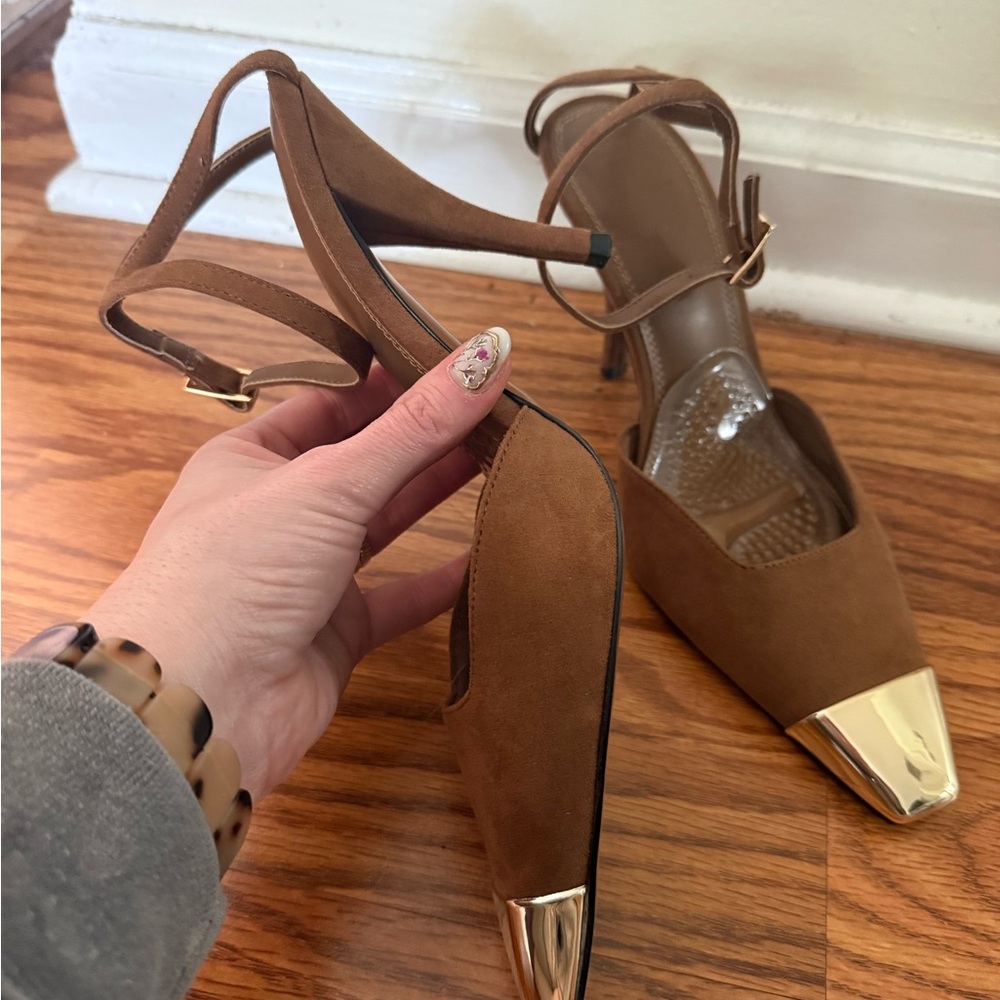 ASOS Women’s Brown Suede Pointed-Toe Heels with Gold Cap - Picture 2 of 3